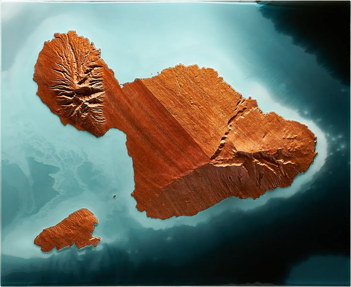 Maui — The Valley Isle — topographic relief in koa and resin